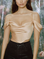 NewAsia Satin Off Shoulder Bustier Boning Corset Top 2 Layers Stretchable Cowl Neck Zipper Adjustable Strap Sexy Crop Tank Top