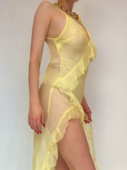 Articat See Through Sling Maxi Dress Trimmed Agaric Lace Women Sexy V-Neck Asymmetrical Beach Holiday Dress 2023 New Vestido