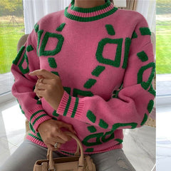 Women Cardigan Green Striped Pink Knit Button Lady Cardigans Sweaters V-neck Loose Casual Winter Fashion Knitted Coat