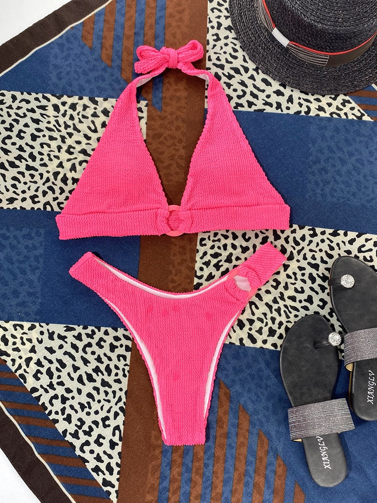 2022 Sexy Halter Bikini Women Push Up Swimwear Female Circle Ring Swimsuit Two Pieces Bikini Set Bather Bathing Suits Beach Wear