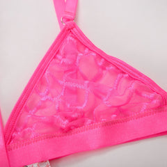 Ellolace Women&#39;s Lingerie Free Shipping Neon Pink Underwear Set See Through Chic Sexy Plaids Luxury Halter Garters Outfits