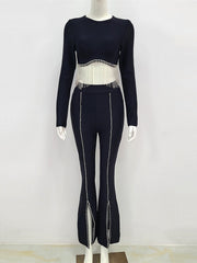 Women Winter Sexy Long Sleeve Black Tassel Crystal Sparkly Two Piece Bandage Set 2022 Celebrity Designer Fashion Women&#39;s Set