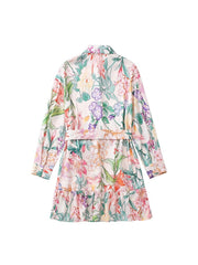 Woman Sweet Pink Floral Shirt Short Dress 2022 Spring Chic Female High Waisted Lacing Dresses Ladies Sashes Print Mini Dress