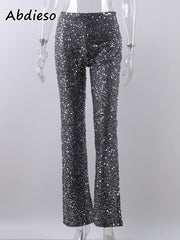 Abdieso Sequin Sexy Flare Pants Party Women Black 2022 Spring High Waist Silver Glitter Y2k Long Trousers Ladies Fashion