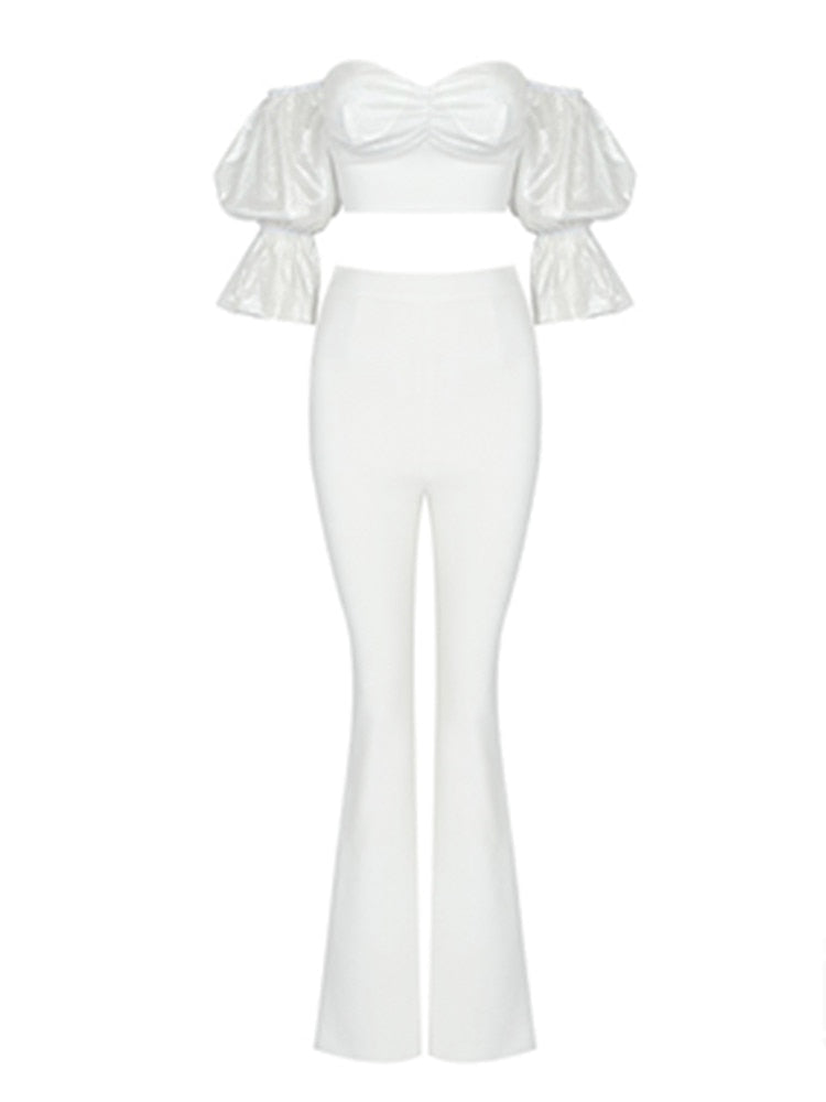 High Quality White Color Women Short Puff Sleeve Top Pants Set Royan Bandage Celebrity Fashion Women&#39;s Set