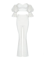 High Quality White Color Women Short Puff Sleeve Top Pants Set Royan Bandage Celebrity Fashion Women&#39;s Set
