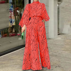 Jumpsuit Elegant Casual Long Sleeve Art Print Tie Nipped Waist Loose Wide Legs Pants Set