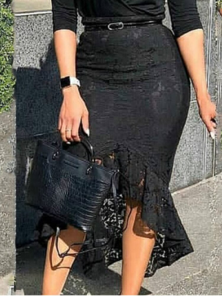 Women Black Lace Skirt High Waist Slim Midi Modest Classy Irregular Length Female Package Hip Jupes Falad Office Elegant Fashion