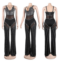 Diamonds Sheer Mesh Patchwork Camisole Jumpsuits Women Sexy V Neck Spaghetti Straps Backless Flare Pants Party Overalls Clubwear