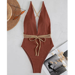 Solid Strapped Swimwear Sexy High Waist Cut One Piece Backless Hollow Belt Bathing Suit