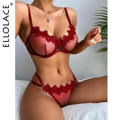 Ellolace Sensual Lingerie Woman Transparent Lace Exotic Costumes Sheer Porn Intimate 2-Piece Underwire Bra Thongs Sexy Outfit