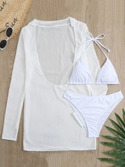 Slit Cuff Plunge Neck Three Pieces Bikini Set with Cover Up Plain Swimsuit