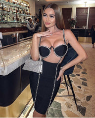 High Quality Black Celebrity Black Bodycon Sparkly Beading Rayon Bandage Dress Elegant Club Party Dress Vestidos