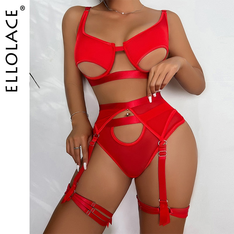 Ellolace Hollow Out Erotic Lingerie Apparel Underwear Set Solid Sexy Costume Bra 3 Piece Porn Sissy Intimate Sensual Sex Suit