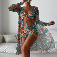 Tropical High Waist Bikini Three Pieces - Long Sleeve Cover Up Swimsuit Bathing Suit
