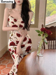 Summer Elegant Vintage Midi Spaghetti Strap Rose Dress For Women Maxi Fashion One Piece Bodycon Beach Party Robe Vestidos