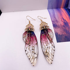 Handmade Butterfly Wing Drop Earrings with Foil Rhinestones