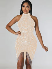 Sexy Glitter Rhinestone Crystal Tassel Hem Mini Dress
