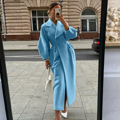 Autumn Women Woolen Coat Thick Lapel Lantern Sleeve Office Lady Long Jackets Double-Breasted New in Outerwears Female Coats