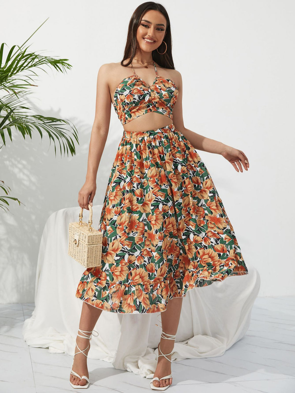 KEBY ZJ Summer Boho Bikini Set Dress Chic Women Elastic Waist Two Pieces Skirt with Female Beach Holiday Floral Print Midi Sets