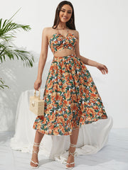KEBY ZJ Summer Boho Bikini Set Dress Chic Women Elastic Waist Two Pieces Skirt with Female Beach Holiday Floral Print Midi Sets