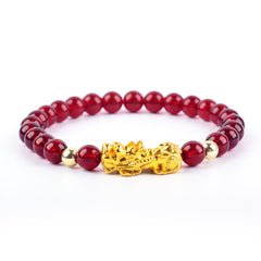 Unisex Stone Beads Bracelet Wristband Gold Color Six Character Proverbs Wealth and Good Luck