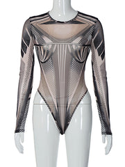 CNYISHE Mesh Skinny Sexy Rompers Women Jumpsuits Geometric Print Long Sleeves Slim Sheath Bodysuits Streetwear Bodycon Tops Tees