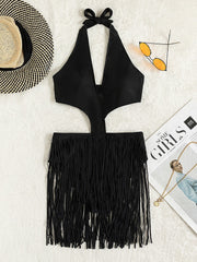 One Piece Swimsuit Solid Black Fringed Bathing Suit