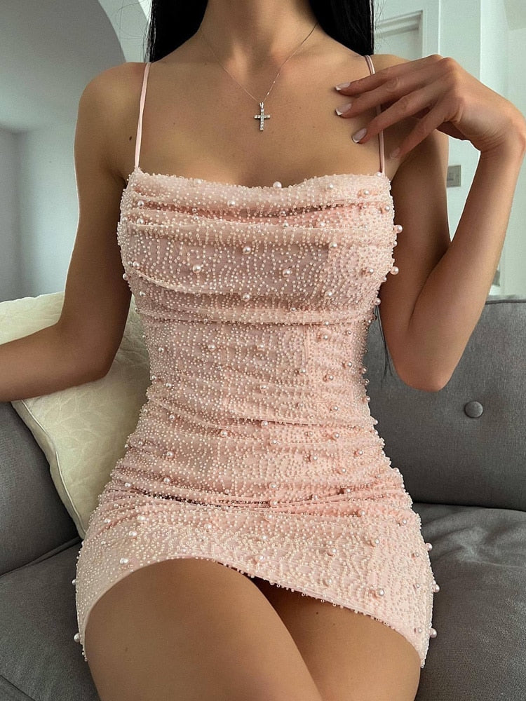 Lady Fashion Pearl Beading Short Dress Women Sexy Off Shoulder Sling Party Dress Elegant Slash Neck Bodycon Mini Dress Clubwear