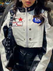 SUCHCUTE Korean Street Contrast Black White Print Leather Jackets Motorcycle O Neck PU Coats Zip Up Moto &amp; Biker Women Tops 가죽자켓