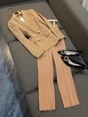 Office Ladies women&#39;s pantsuit Red Pink Business Classic Double-breasted Buttons Nine Blazer Pants Set Two Piece Formal Suits