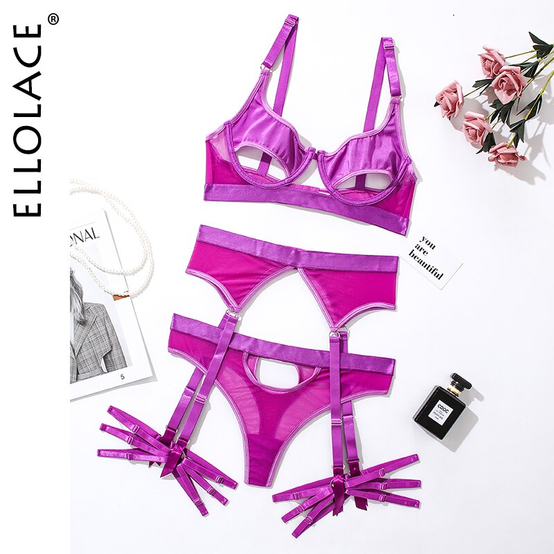 Ellolace Hollow Out Erotic Lingerie Apparel Underwear Set Solid Sexy Costume Bra 3 Piece Porn Sissy Intimate Sensual Sex Suit