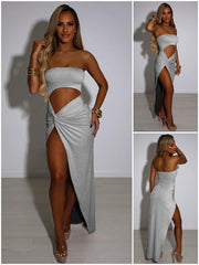 Sexy Hollow Out Sleeveless Strapless High Split Maxi Dress