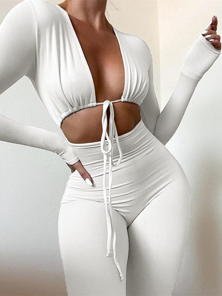 Kliou Solid Jumpsuit Drawstring Cleavage Waist Out One Piece Overall Sexy  Body-Shaping Hipster Midnight Club Female Clothing