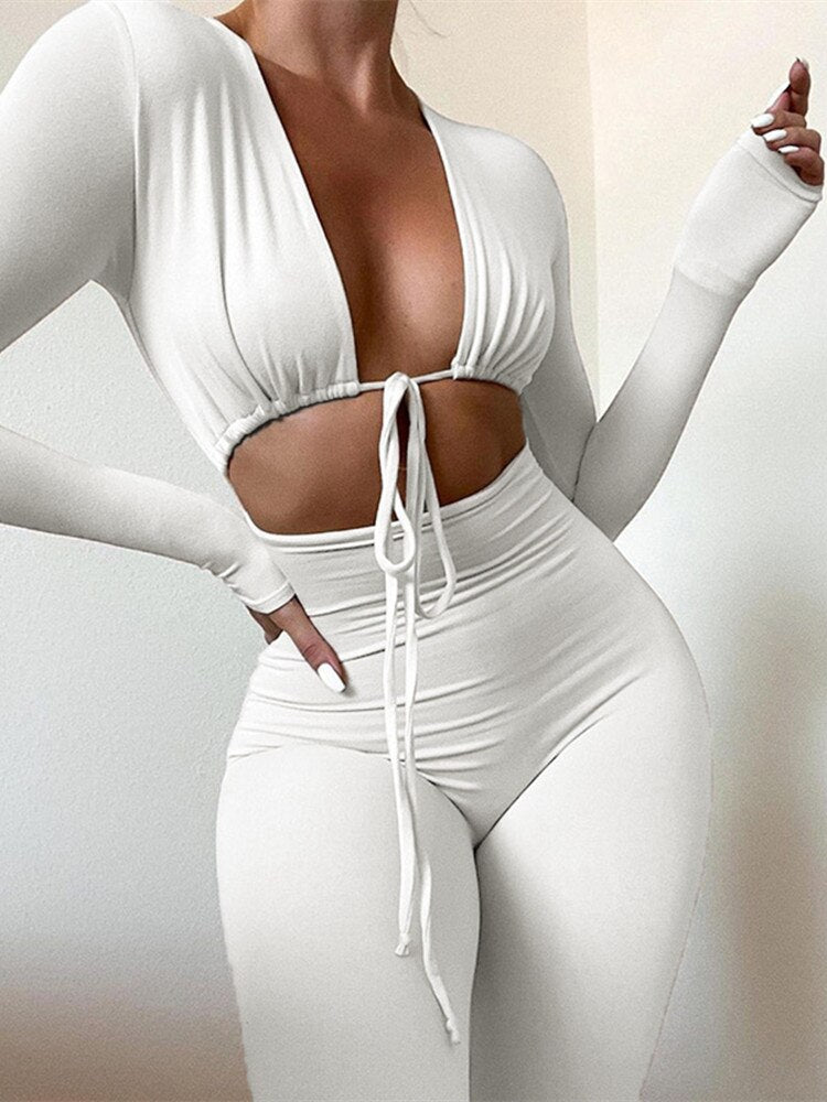 Kliou Solid Jumpsuit Drawstring Cleavage Waist Out One Piece Overall Sexy  Body-Shaping Hipster Midnight Club Female Clothing