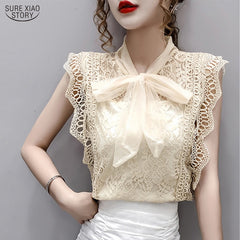 Solid Hollow Out Shirt Korean Fashion Clothing Vintage Sleeveless 2022 Womens Tops and Blouses Lace Patchwork Blusas 9811