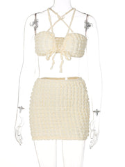 Hugcitar Solid Halter Draped Bandage Crop Top Skirts 2 Pieces Set 2022 Summer Women Fashion Elegant Slim Outfits Holiday Party