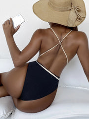 Solid Strapped Swimwear Sexy High Waist Cut One Piece Backless Hollow Belt Bathing Suit