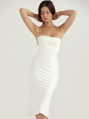Karlofea Sexy Backless White Midi Dress Cocktail Celebrity Party Outfits Double Layered Satin Elegant Wedding Dresses For Women