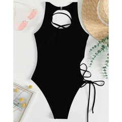 Solid High Cut Swimwear Sexy Backless Cross Hollow Tied One Piece Swimsuit