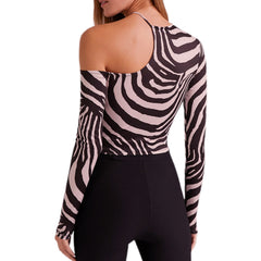 T-shirt Long Sleeve Strapless Irregular Zebra Print Top Short Top Y2K Tees Streetwear