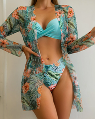 Floral Print Bikini Set - Low Waist Twist Swimsuit Long Sleeve Cover Up Three Pieces Beach Bathing Suit