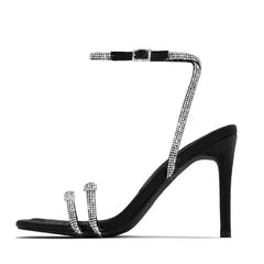 Crystal Thin High Heels Sandals Square Toe Ankle Buckle Strap Pumps Shoes