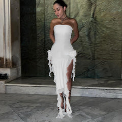 Cryptographic Fringe Sexy Strapless Backless Midi Dress for Women Club Party Frill Hem Sleeveless Slit Dresses Solid Clothes