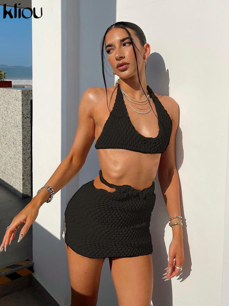 Kliou Stunning Stacked Two Piece Set Women Sexy Halter Lace Up Slim Crop Tops+Elegant Charming Solid Body-shaping Female Skirt