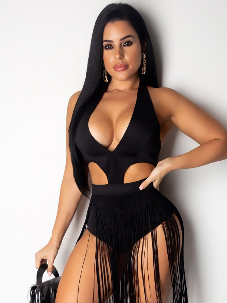 One Piece Swimsuit Solid Black Fringed Bathing Suit