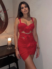 Articat Sexy Cut Out Slim Shirring Three-dimensional Flower Mini Dress Women Red Backless Lace-up V-Neck Pleated Dress Partwear