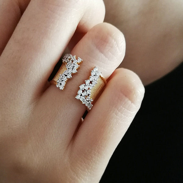 Finger Ring with CZ Stone Wiredrawing Effect Gold Color Wide Rings Luxury Female Jewelry Party