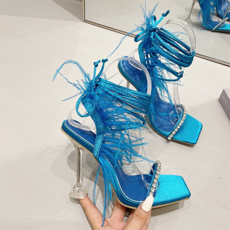 Eilyken Fashion Summer Rhinestone Feather Women Sandals Lace-up Cross-Tied Sexy Gladiator Square Toe Ladies High Heel Shoes