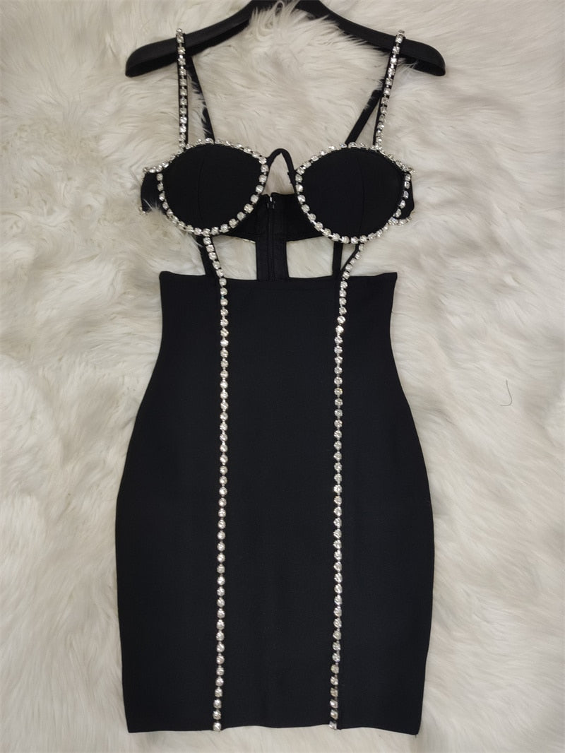 High Quality Black Celebrity Black Bodycon Sparkly Beading Rayon Bandage Dress Elegant Club Party Dress Vestidos